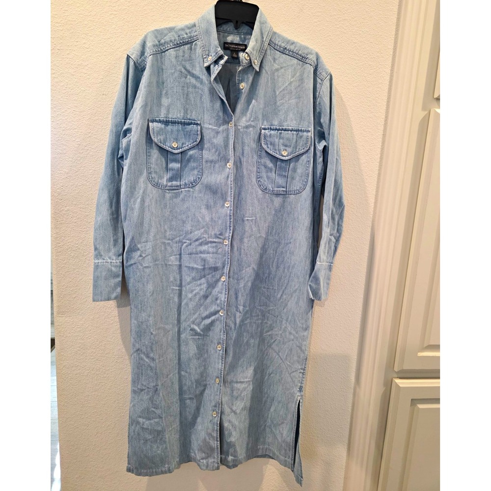 J. Peterman Company Lagenlook Denim Shirt Dress Button Front Midi Blue Sz S VTG